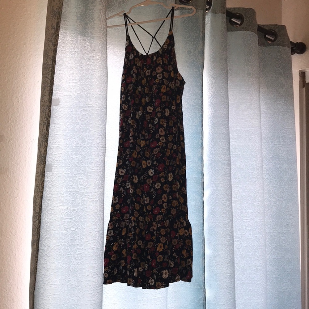 Black long sun dress with a cross cross strap back